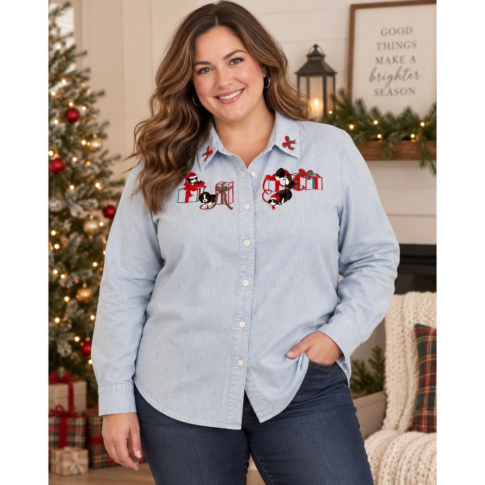 Karen Scott Button Down Shirt Blue Christmas Dogs Embroidered Chambray Denim L